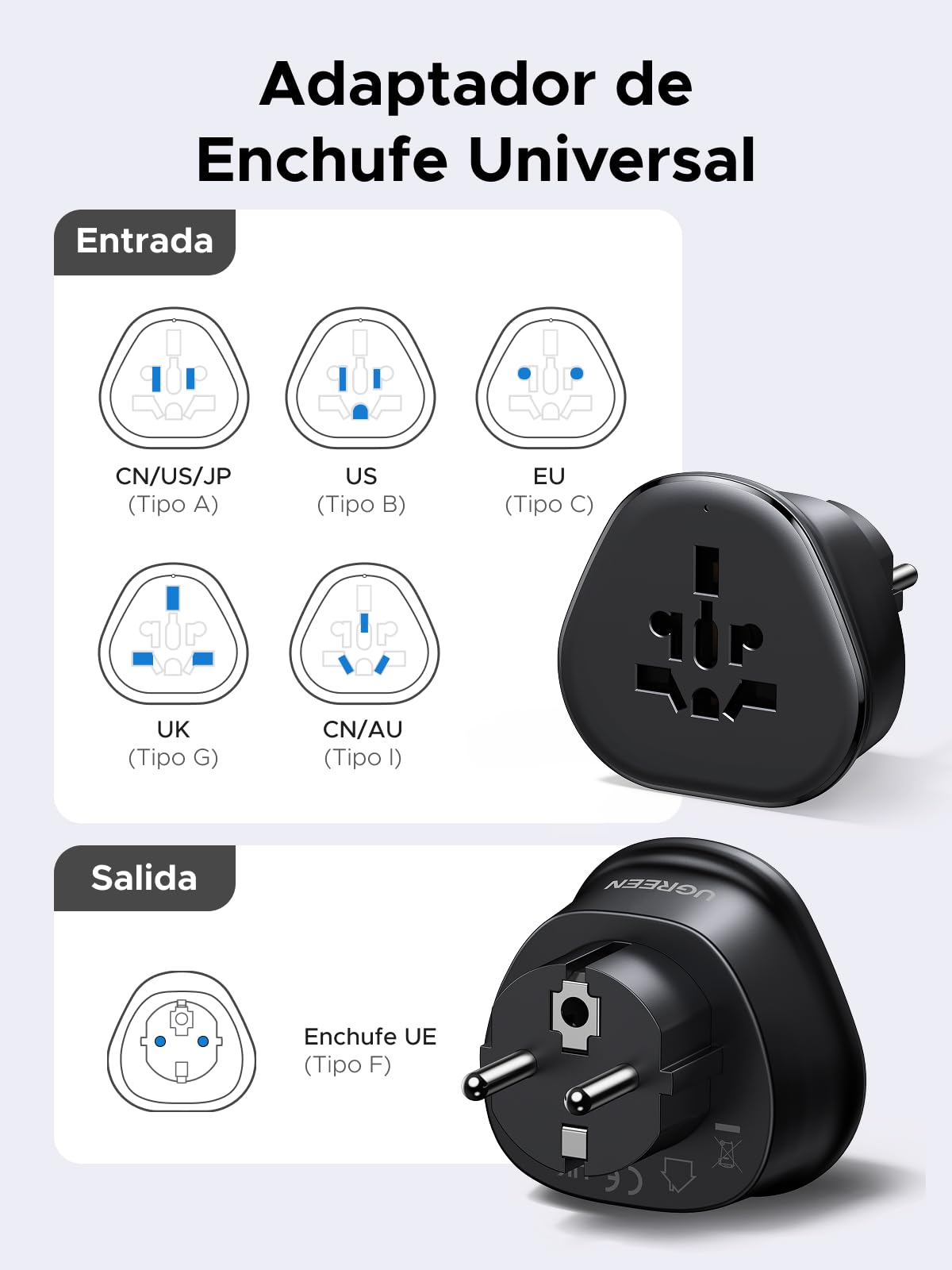 Adaptador Europeo de Viaje Internacional UGREEN Tipo F 2 Paquetes