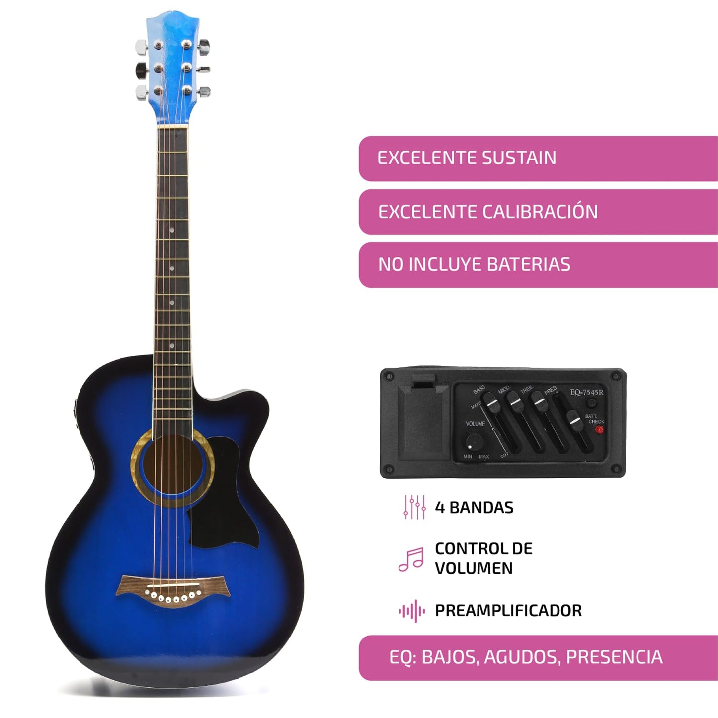 FEMMTO Guitarra Electroacústica con Bolso + Cinta + Púas + Cuerdas extras (Azul)