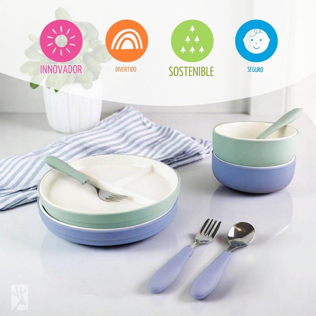 Elk and Friends - Set de vajilla de porcelana para niños con mangas de succión | Platos, tazones + cubiertos para niños pequeños | Mangas de silicona | para comidas + aperitivos | Apto para microondas