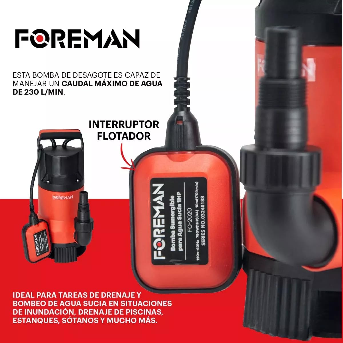 Foreman Bomba Sumergible De Pozo Plástica | Bomba de Agua Limpia Silencioso Para Fuentes, Pecera, Acuario, Jardín y Estanque | 1Hp 750w 120v | 230 Litros Per Minute | Negro/Rojo