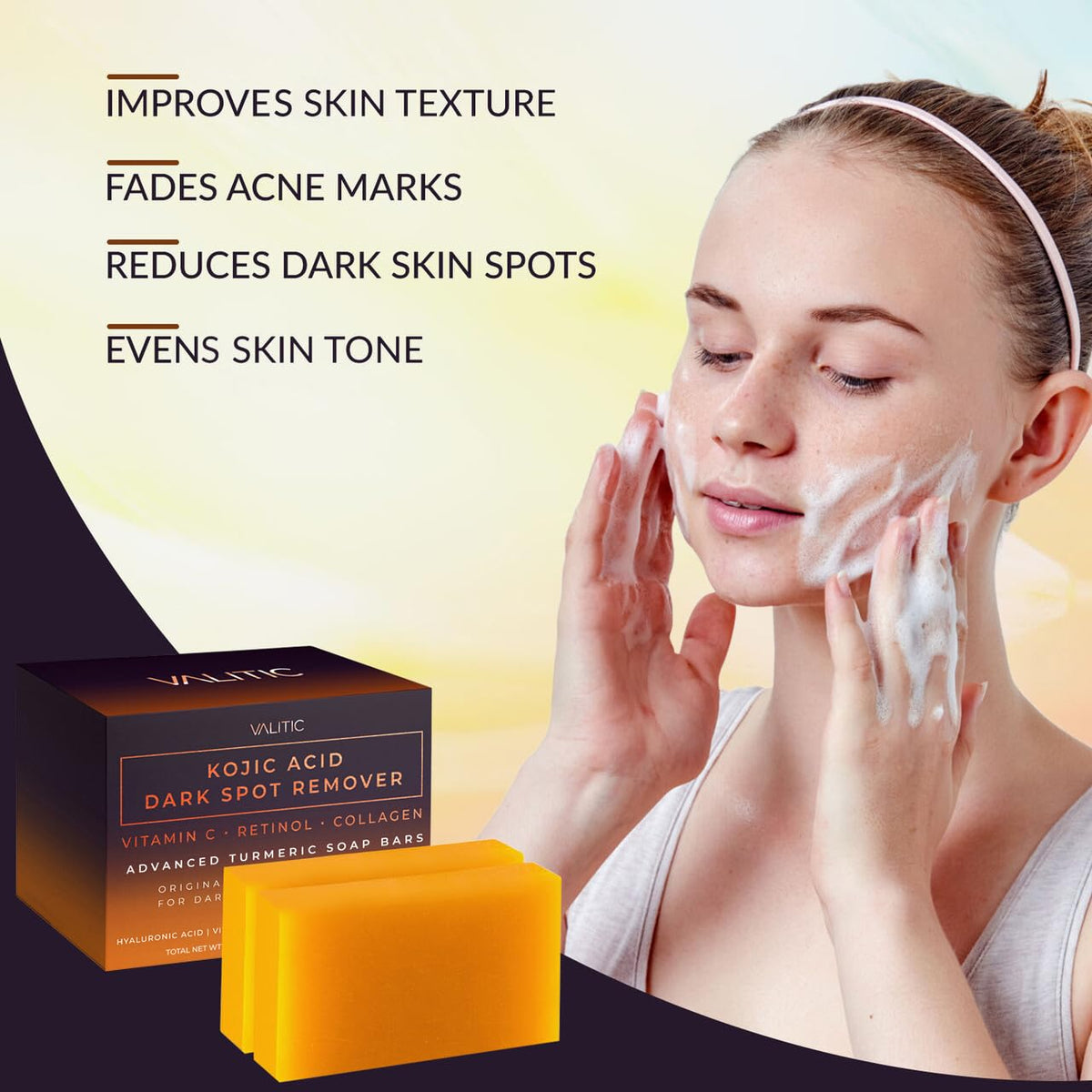 VALITIC- Jabón en barra con ácido kójico para eliminar manchas oscuras, vitamina C, retinol, colágeno y cúrcuma (original japonés)