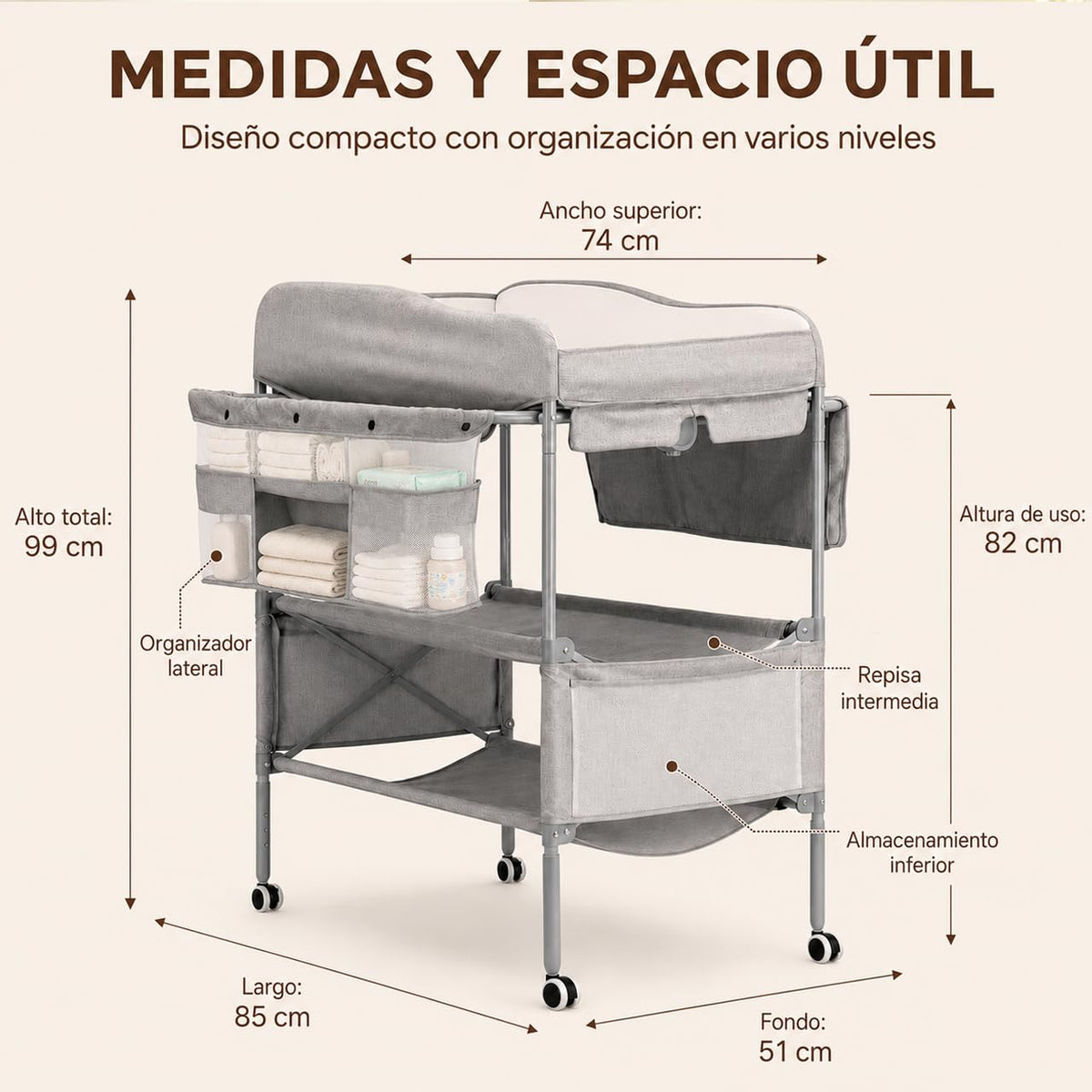 Cambiador para Bebe Plegable,Estación de Cambio de Pañales Impermeable Versátil,Ajustable en 3 Alturas,360°Ruedas,Mobile nursery for newborns