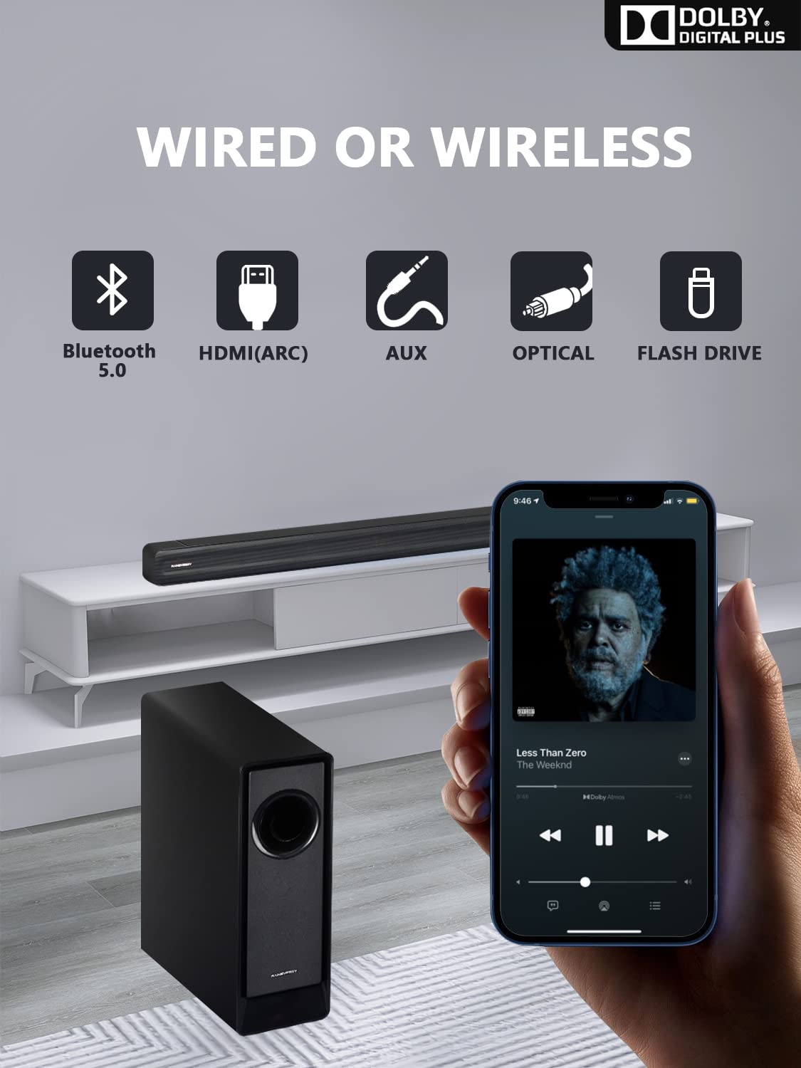 Barra de sonido envolvente de 5.1 CH con audio Dolby, barras de sonido para TV, subwoofer inalámbrico y altavoz trasero, Dolby Digital Plus, Bluetooth 5.0, sistema de sonido envolvente para cine en casa, televisores 4K y HD | HDMI y óptico