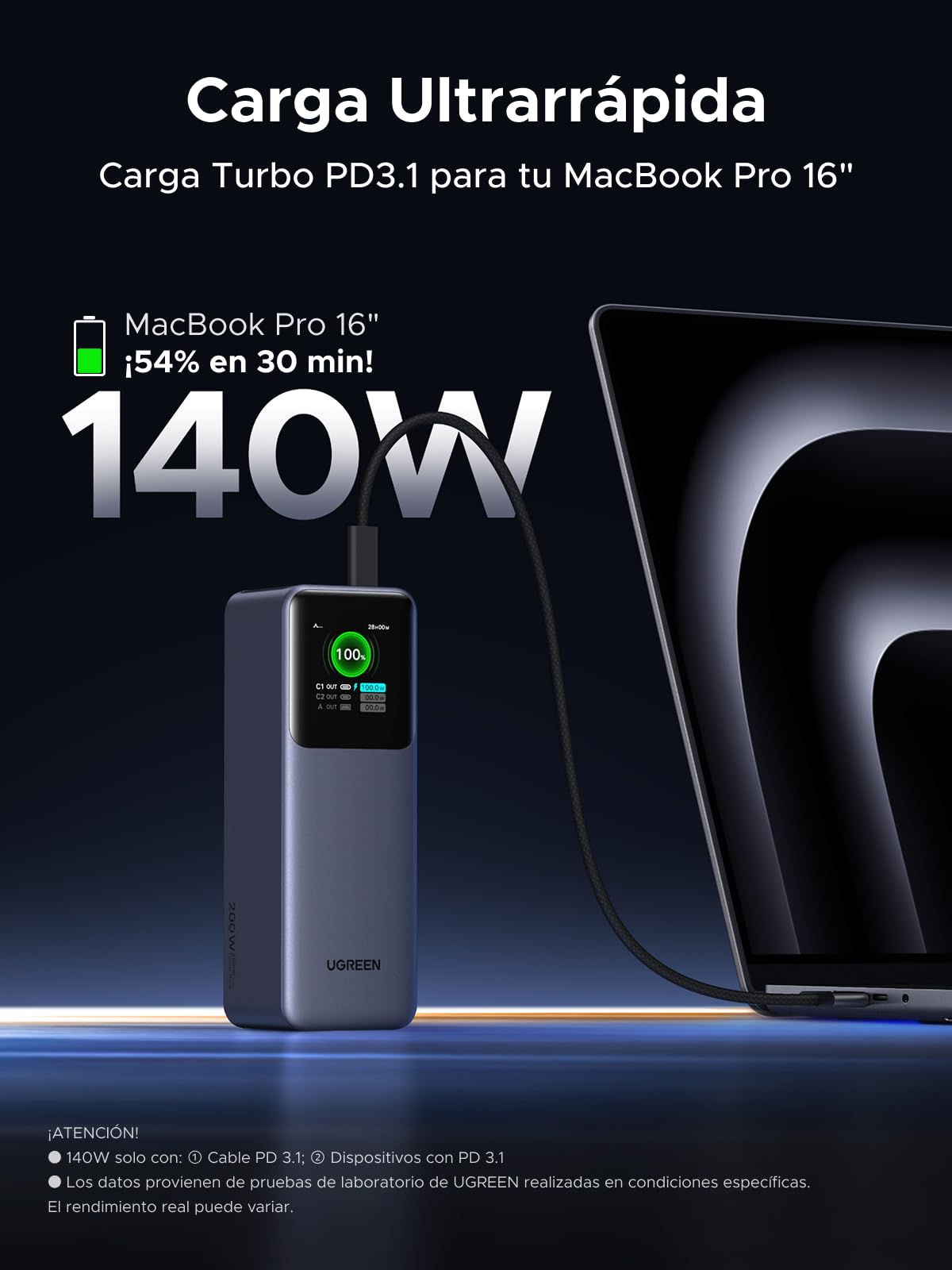 Power Bank UGREEN 25000mAh 200W Negro con Carga Rápida y Pantalla TFT