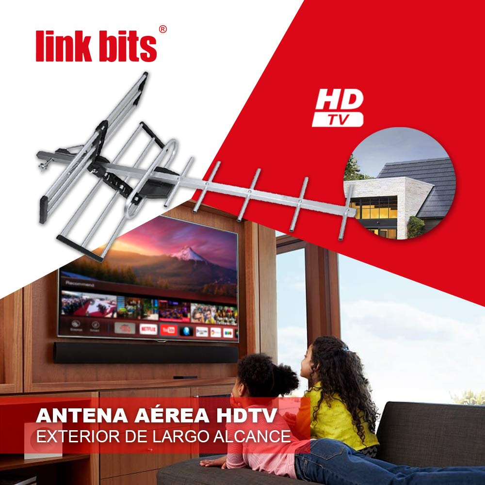 LINK BITS HD001 Antena Exterior aérea HDTV de Largo Alcance, Alcance Amplificado, 12 Elementos, Alta definición, (fácil de Instalar).