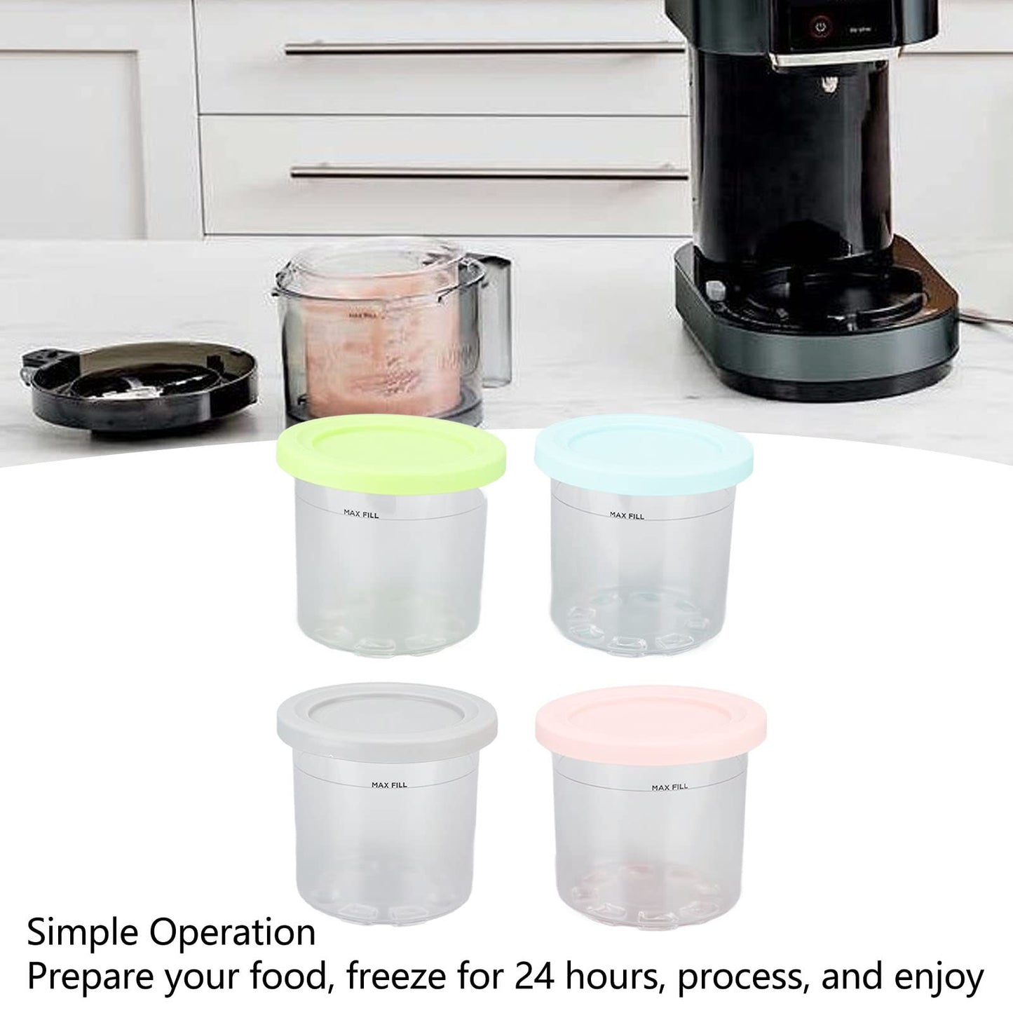 Contenedor de Pinta de Helado de Repuesto para Pintas y Tapas, Paquete de 4, Vasos de 20 Oz Compatibles con NC299AMZ y NC300s Series Ice Cream Maker, Apto para Lavavajillas