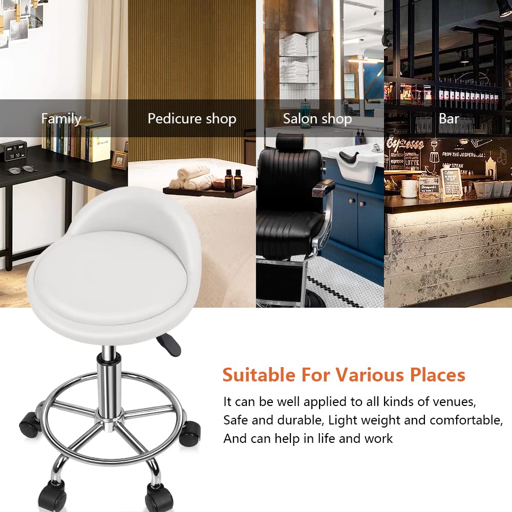 KKTONER Taburete de Cuero Artificial con Respaldo Giratorio Bancos con Ruedas de Altura Ajustable con Ruedas para Pintar Tatuaje Masaje SPA Tienda Taburete de Trabajo con Pedal(Blanco)