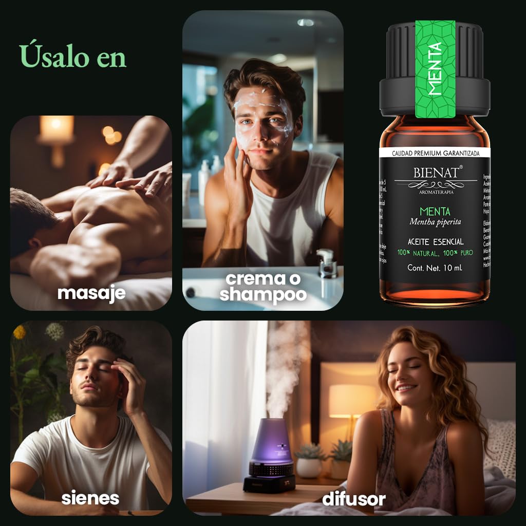 BIENAT AROMATERAPIA Aceite Esencial de Menta 10mL | 100% Puro y Concentrado | Ideal para Difusor de Aromas, Humidificador, Aromaterapia, Masajes, Meditación, Jabones y Velas | Esencia Natural en Gotas