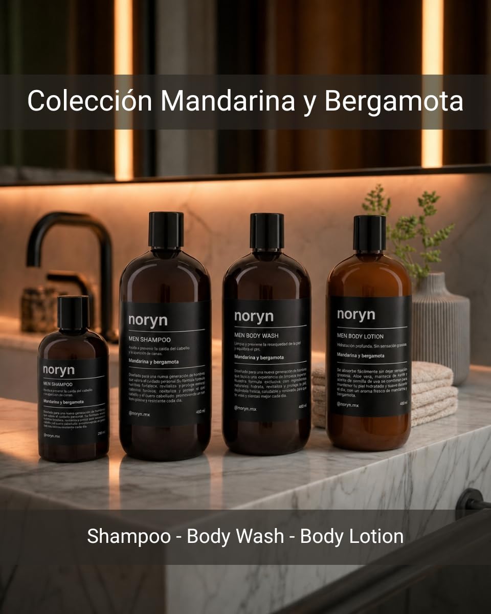 noryn Body Wash para Hombres 480 ml. Fórmula natural con mandarina y bergamota. Limpia, humecta y revitaliza la piel, aportando frescura inmediata.