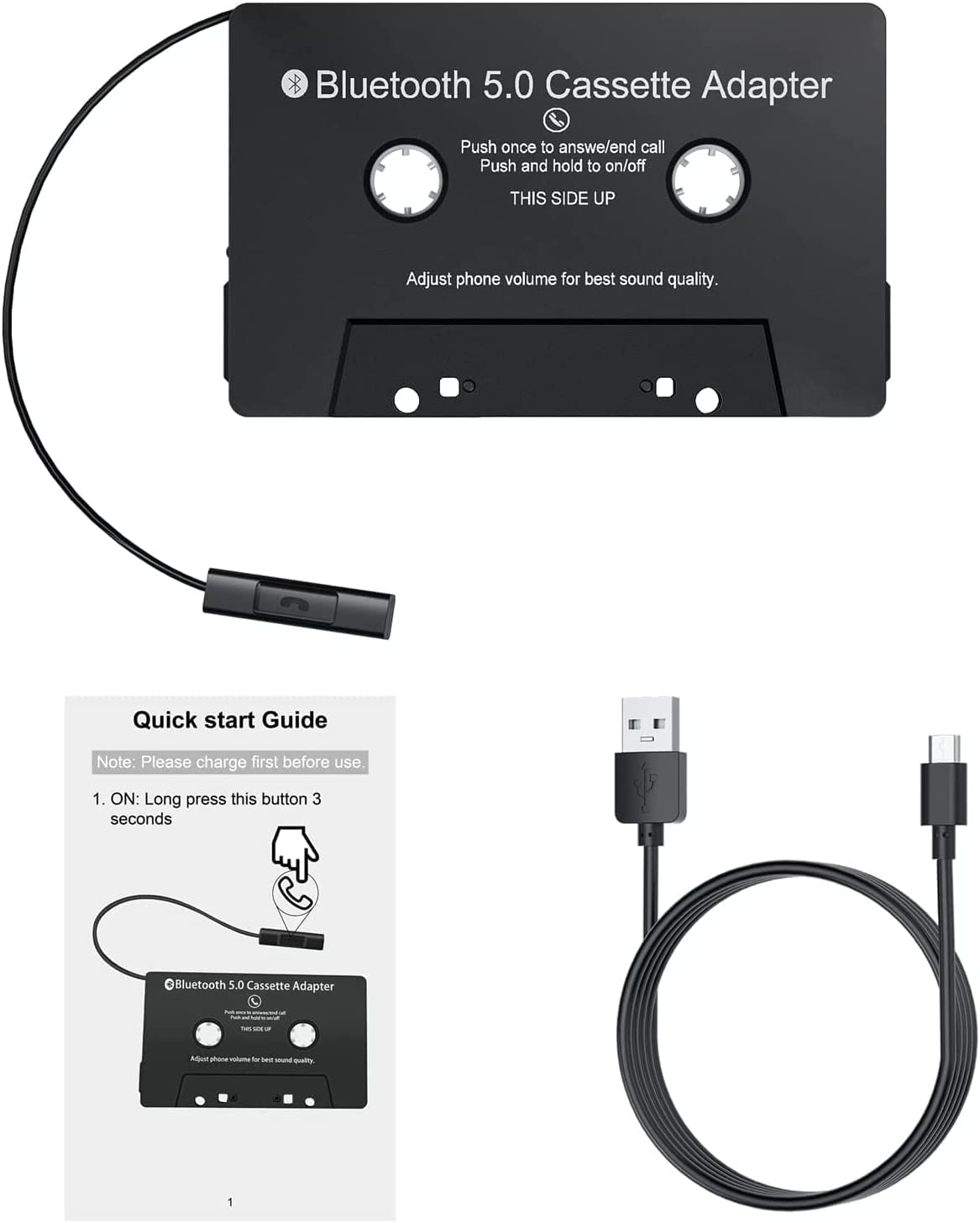 Adaptador Auxiliar de Casete Receptor Bluetooth 5.0 Negro para Música y Voz de Coche