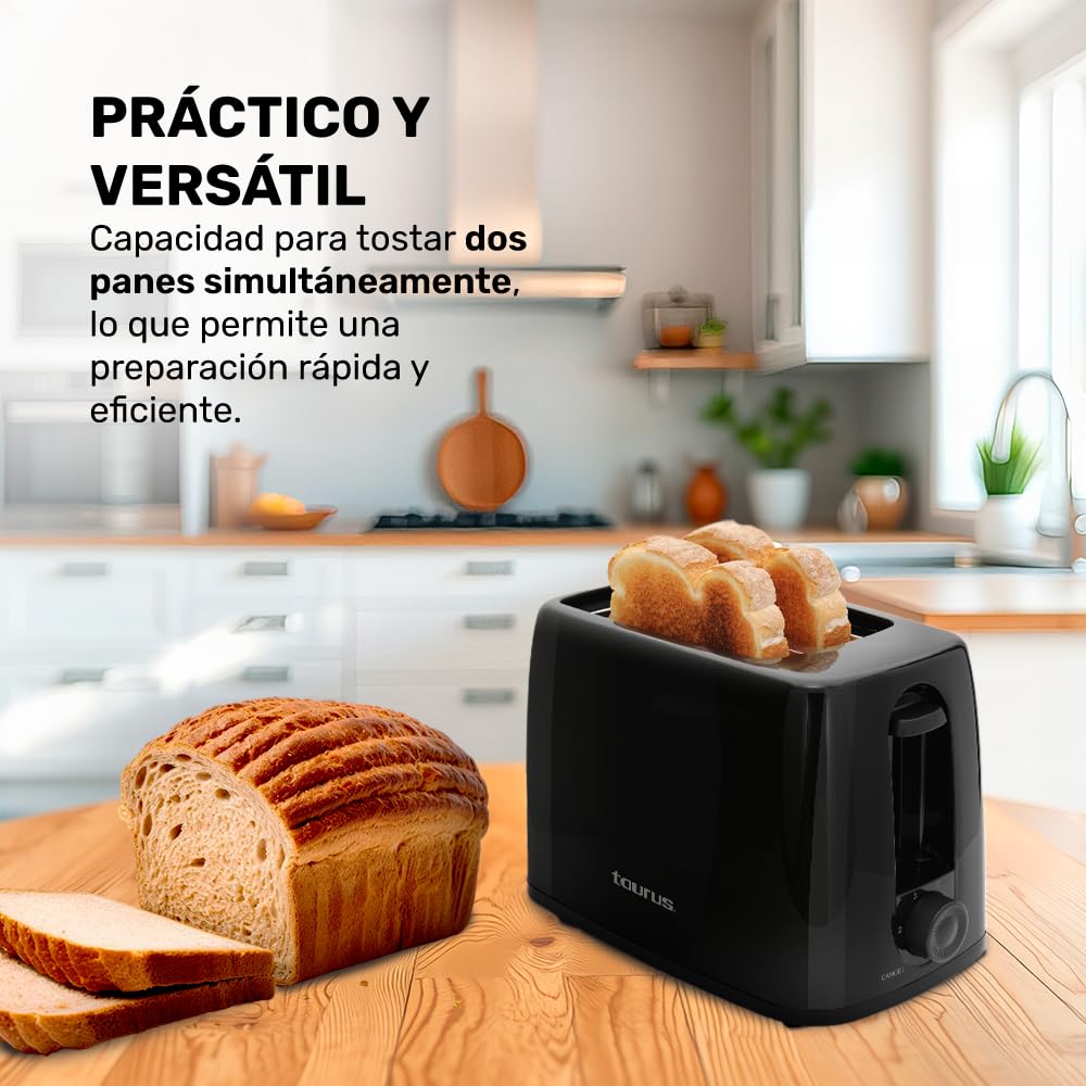 TAURUS LUCERNA | Tostador para Pan | 2 Rebanadas | 6 Niveles de Tostado | Paro automático | Paredes de tacto frío | Amplias aberturas
