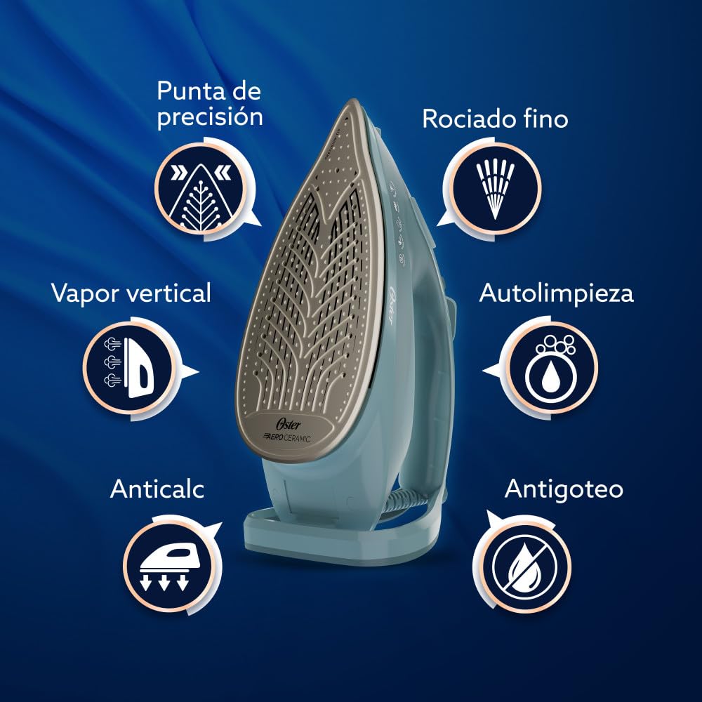 Oster Plancha de Vapor, AeroGlide Plus S7400, con Golpe de Vapor 200 g/min, Recubrimiento Metálico Cerámico, Suela con más Cobertura, Tecnología Aeroceramic, Antigoteo, Verde Claro, GCSTAC7402-013