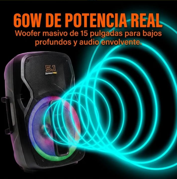 Bocina FUSSION ACUSTIC Azul 15 Pulgadas Recargable con Bluetooth y Luz LED Circular