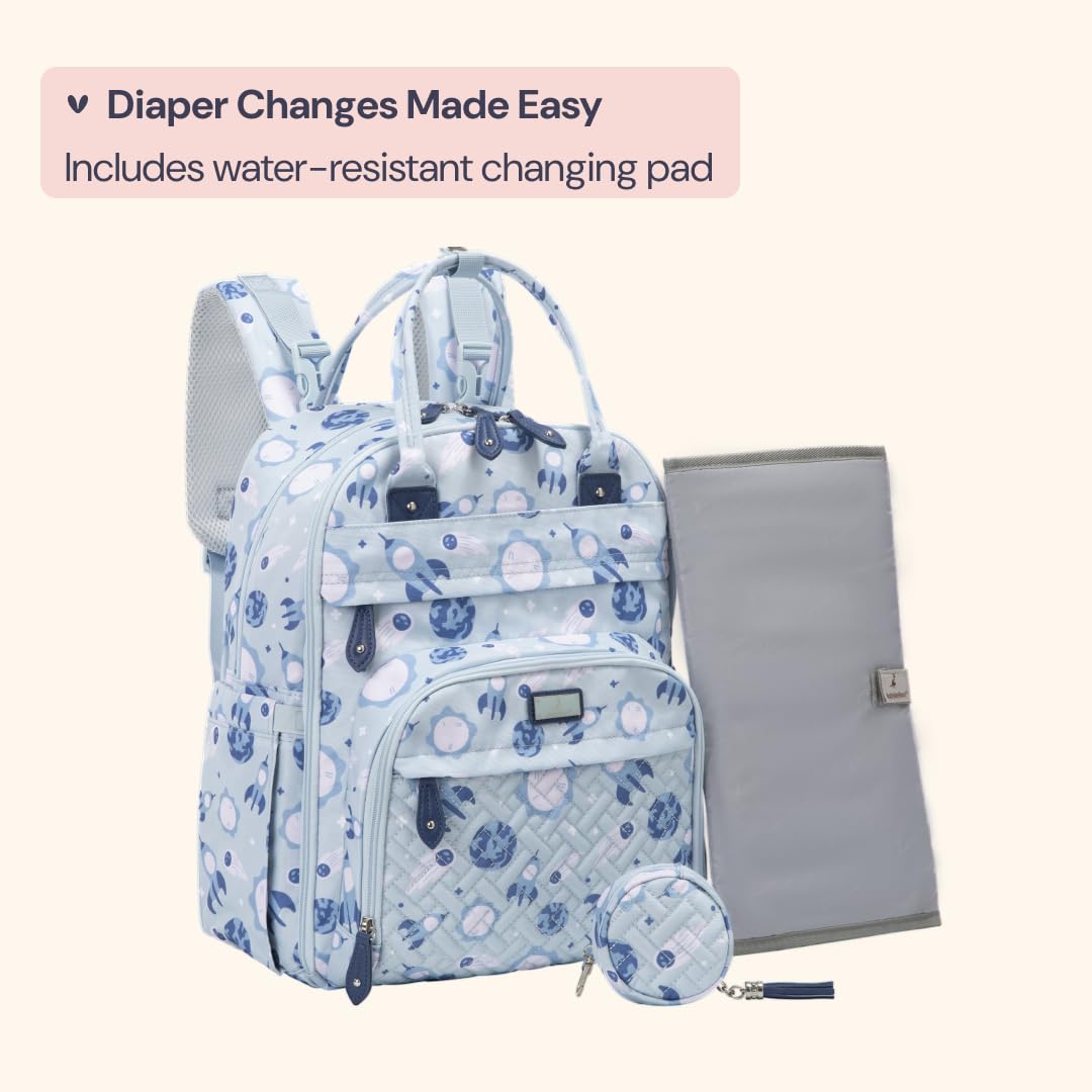 BabbleRoo Mochila para pañales, bolsa de viaje para bebé Essentials con cambiador, correas para cochecito y estuche para chupete, Cósmico, Medium