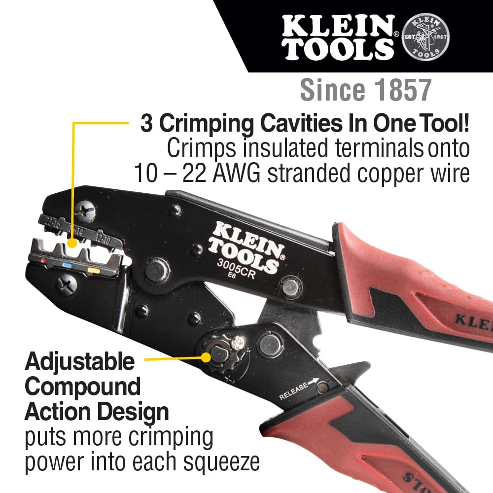 KLEIN TOOLS 3005CR | Pinza Ponchadora con Aislamiento | Ponchado Preciso y Seguro | Diseño Ergonómico y Ajustable | Ponchadora | Terminales eléctricas | 10-22 AWG | Tres Cavidades y Matraca Integrada