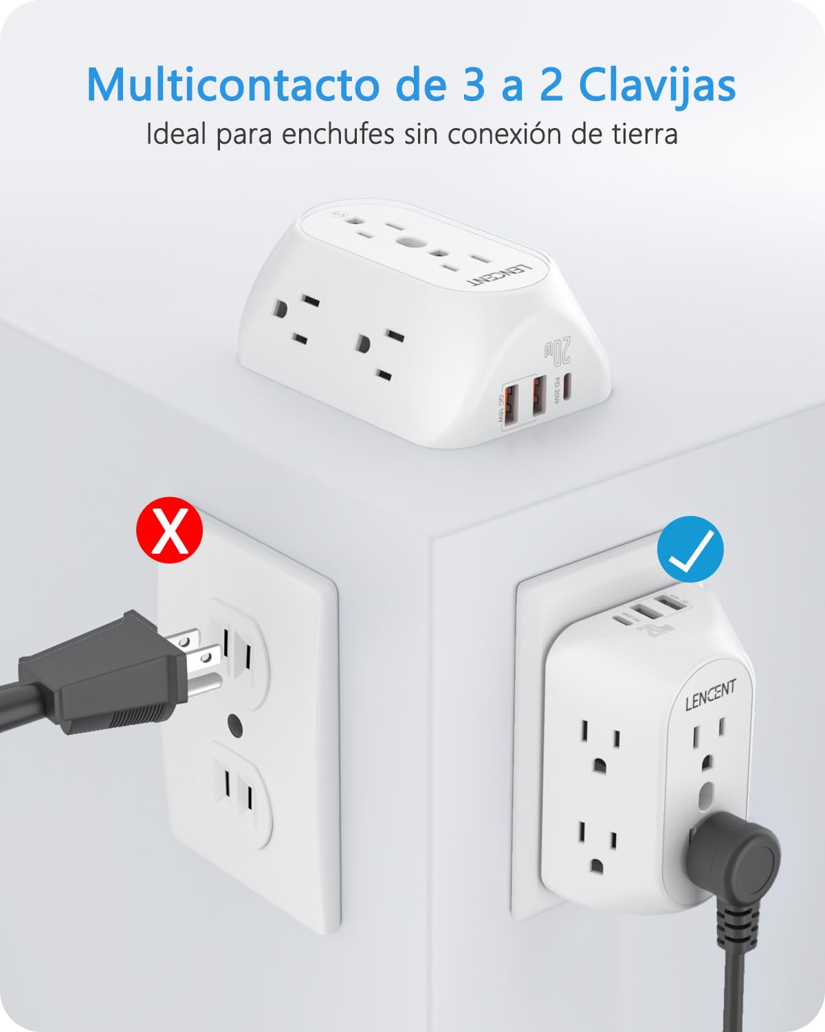 LENCENT Multicontacto Pared USB, Adaptador de Enchufe 3 a 2 Clavijas con 6 Tomas AC, Puerto PD 20W y 2 Puertos USB A, 1728J Protección contra Sobretensiones, Contactos de Pared para Hogar Oficina