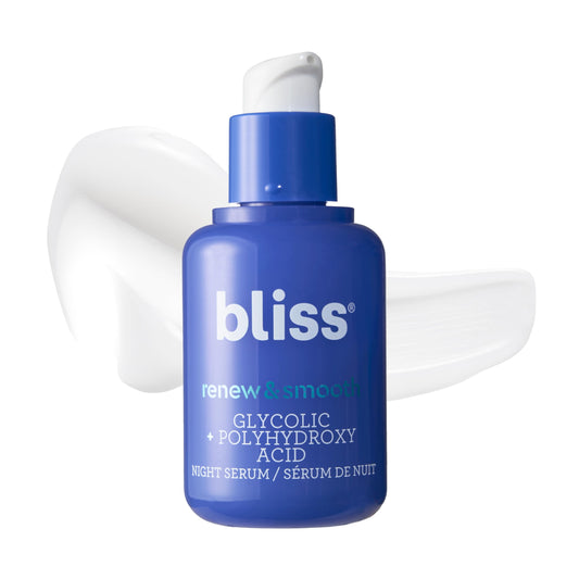 Bliss Renew & Smooth Sérum de noche, resurfacing suero facial con ácido glicólico y polihidroxi, limpio, sin crueldad, sin parabenos, vegano, 1 oz