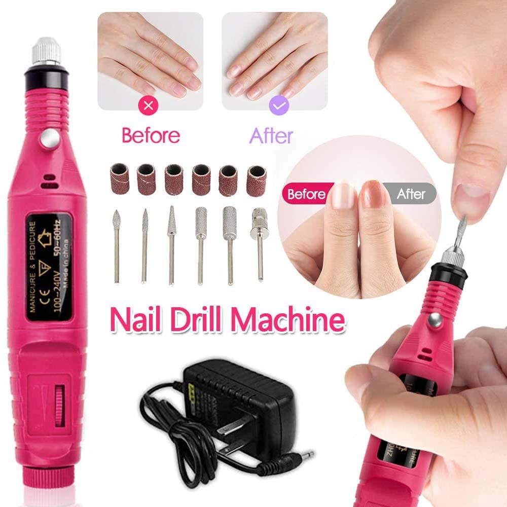 Pulidor de Uñas, Lima de Uñas Eléctrica, Kit de Taladro para Uñas 6pcs Puntas y Lijas, Velocidad Ajustable Torno Portátil para Uñas, Manicura y Pedicura