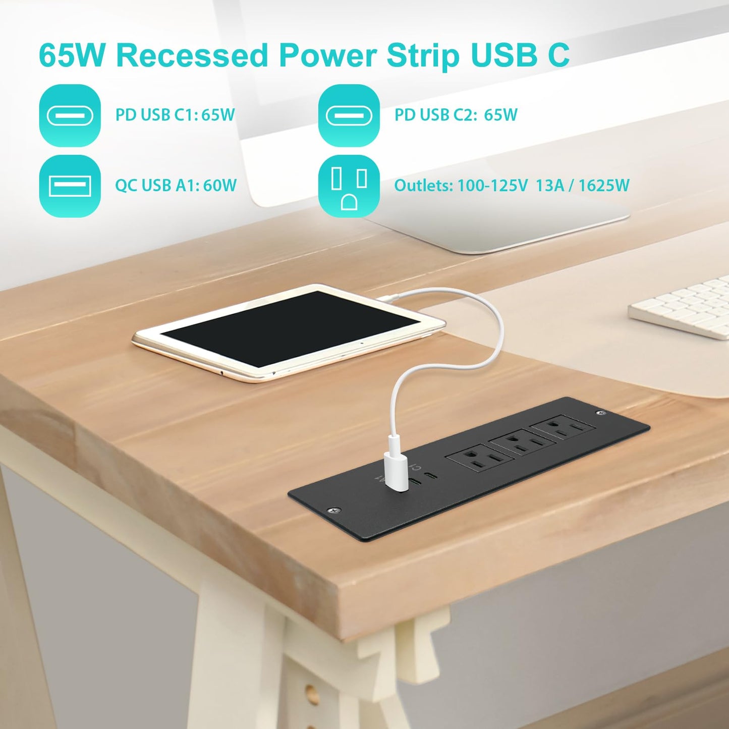 4 LEAF Regleta de Enchufes Empotrada USB C 65W,Enchufe de Escritorio Empotrable 3 Tomas 3 USB (PD 65W& QC60W,) Cable de Alimentación de 2 Metros Enchufe Plano de Carga Rápida Empotrable para Muebles