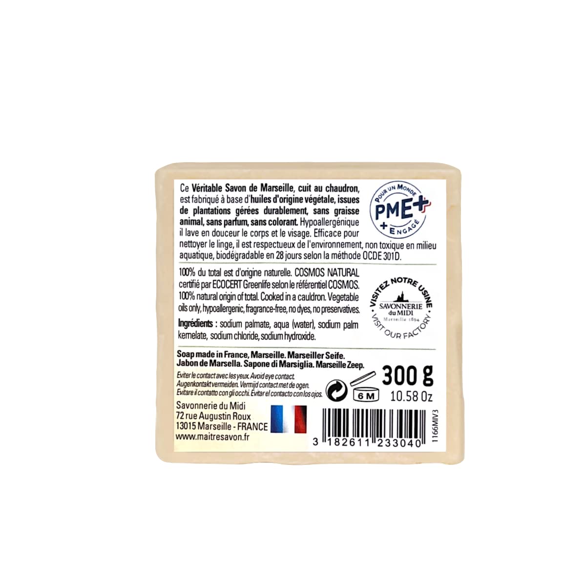 Maître Savon de Marseille | Jabón Orgánico Extra Puro en Cubo Hipoalergenico, Hecho 100% de Aceites Vegetales Puros, Sin Parabenos, 300 g