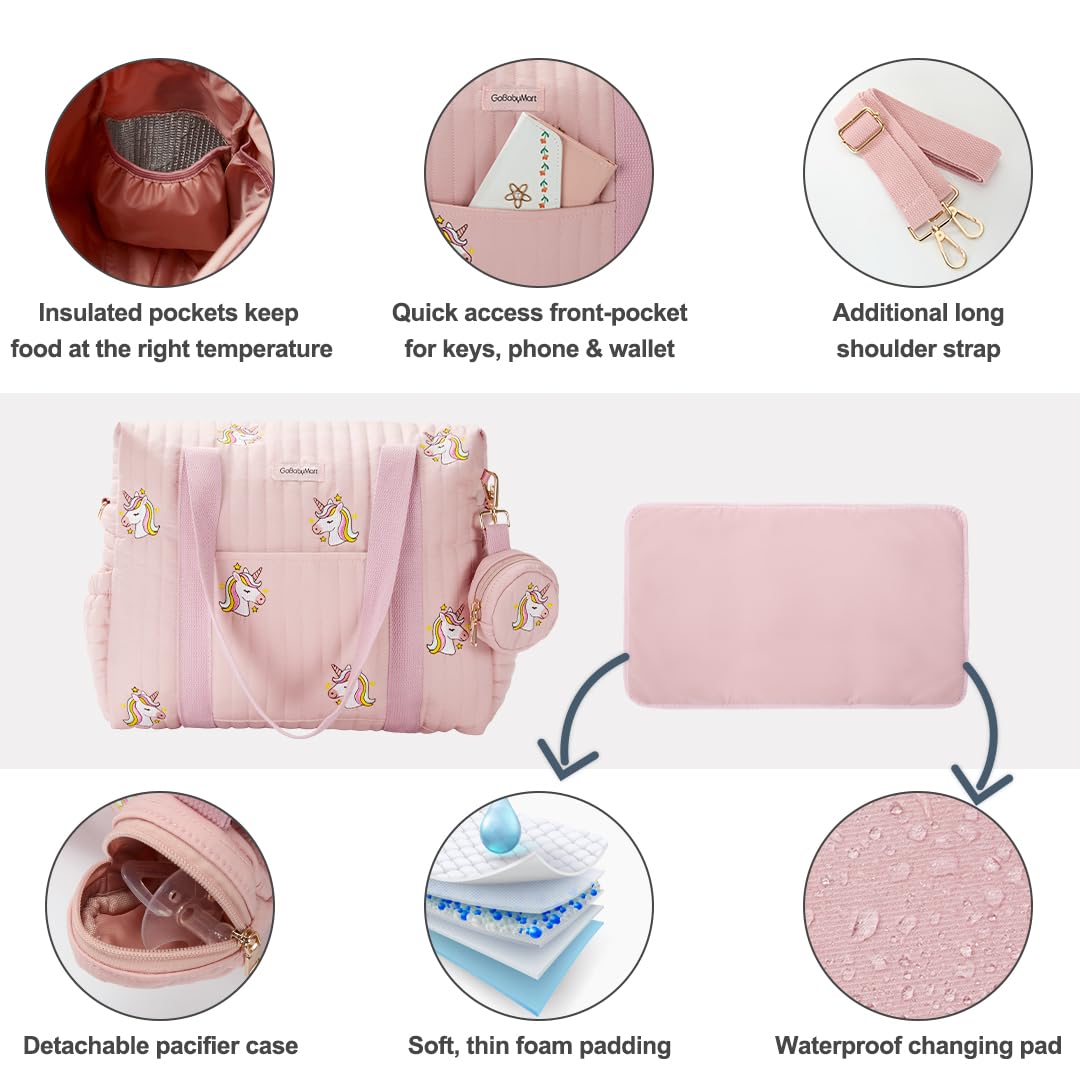 GOBABYMART - Juego de 3 bolsas de pañales con cambiador y estuche para chupete, bolsa de viaje de maternidad de algodón (mediano - unicornios rosa)
