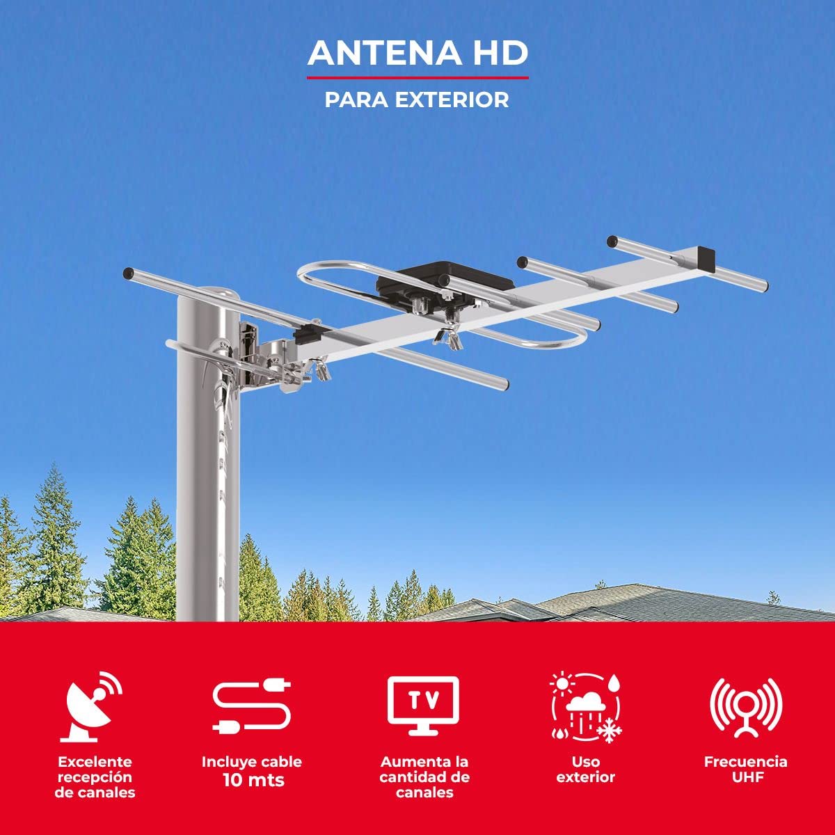 LINK BITS HD005 Antena Exterior aérea HDTV de Largo Alcance, Alcance Amplificado, 12 Elementos, Alta definición, (fácil de Instalar).
