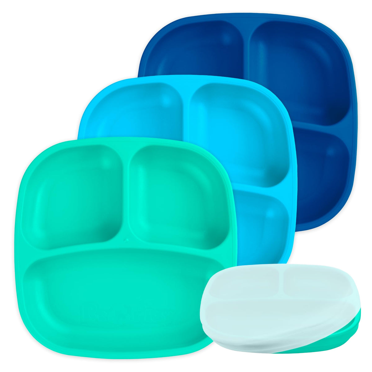 Re-Play - Platos para niños pequeños con divisores, 3 compartimentos divididos de paredes profundas para niños con 3 tapas, aptos para lavaplatos y microondas, fabricado en Estados Unidos, juego de 3