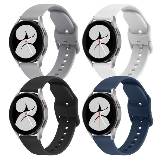 Paquete de 4 correas compatibles con Samsung Galaxy Watch 4 Bands 40 mm 44 mm, Galaxy Watch 4 Classic Band 42 mm 46 mm, 20 mm correa deportiva de silicona ajustable correa de repuesto para Galaxy Watch 4 mujeres hombres (Negro / Gris / Azul Marino / Blanc