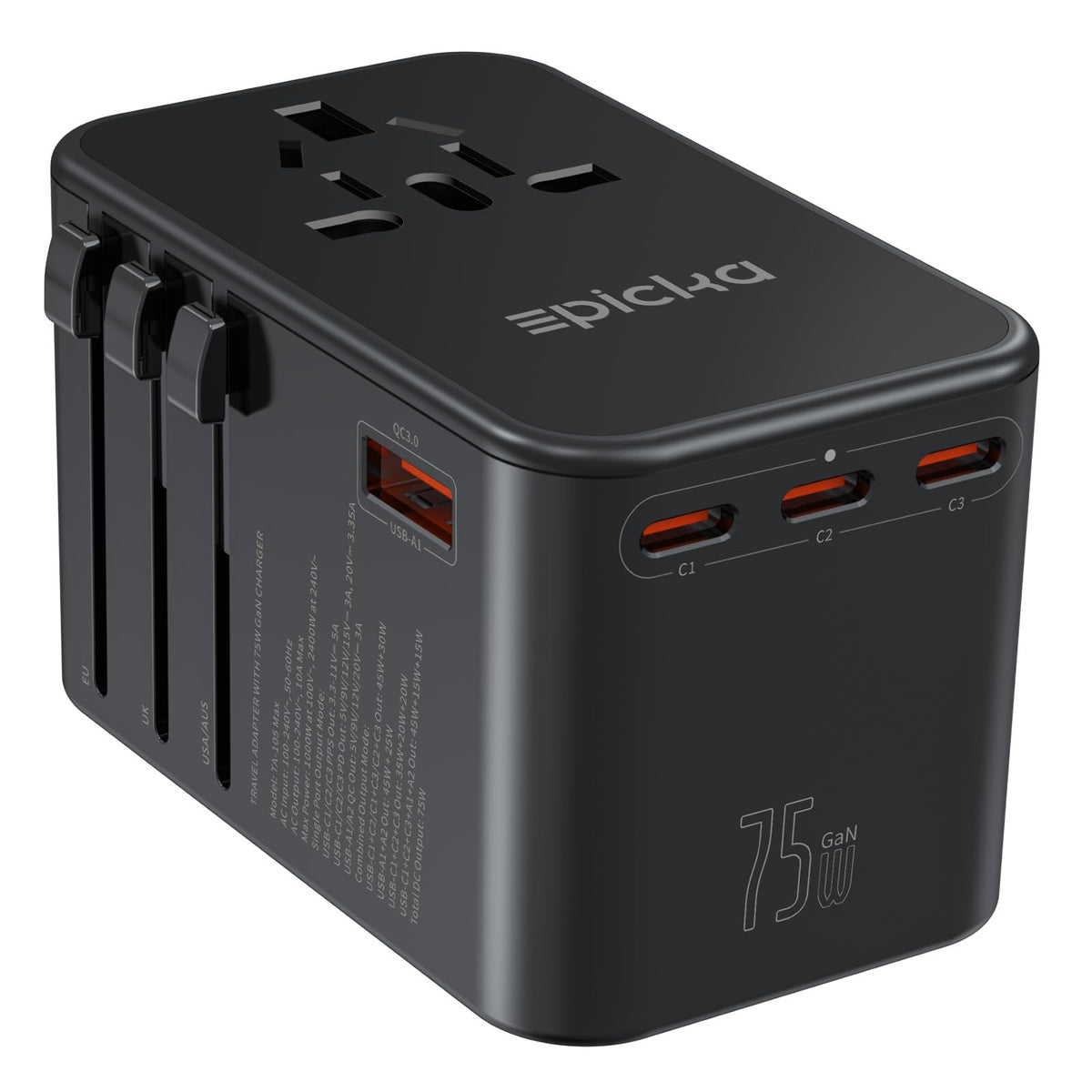 Adaptador de Viaje Universal EPICKA Negro con Carga Rápida 75W GaN y 3 Puertos USB-C