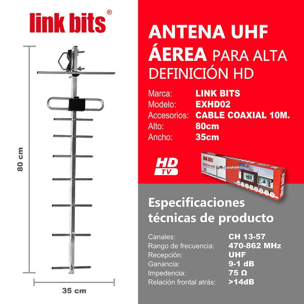 LINK BITS EXHD02 Antena TV Digital Exterior HD, recepción amplificada, Canales televisión Abierta (Incluye 10m de Cable Reforzado)