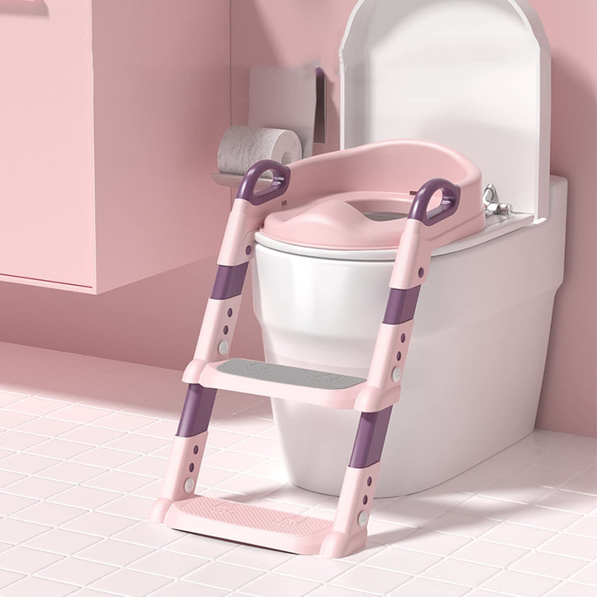 Asiento para Baño Niños con Escalera, Protector Contra Salpicaduras, Rosa