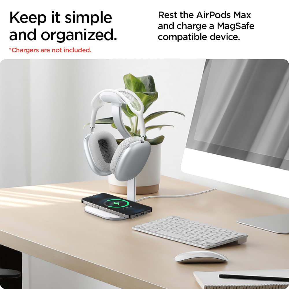 Spigen S380 (MagFit) Soporte para Auriculares Diseñado para Airpods MAX, Sonos Ace, Bose, Beats, Sony, Sennheiser [Cargador no Incluido] Soporte Universal para Auriculares - Plata