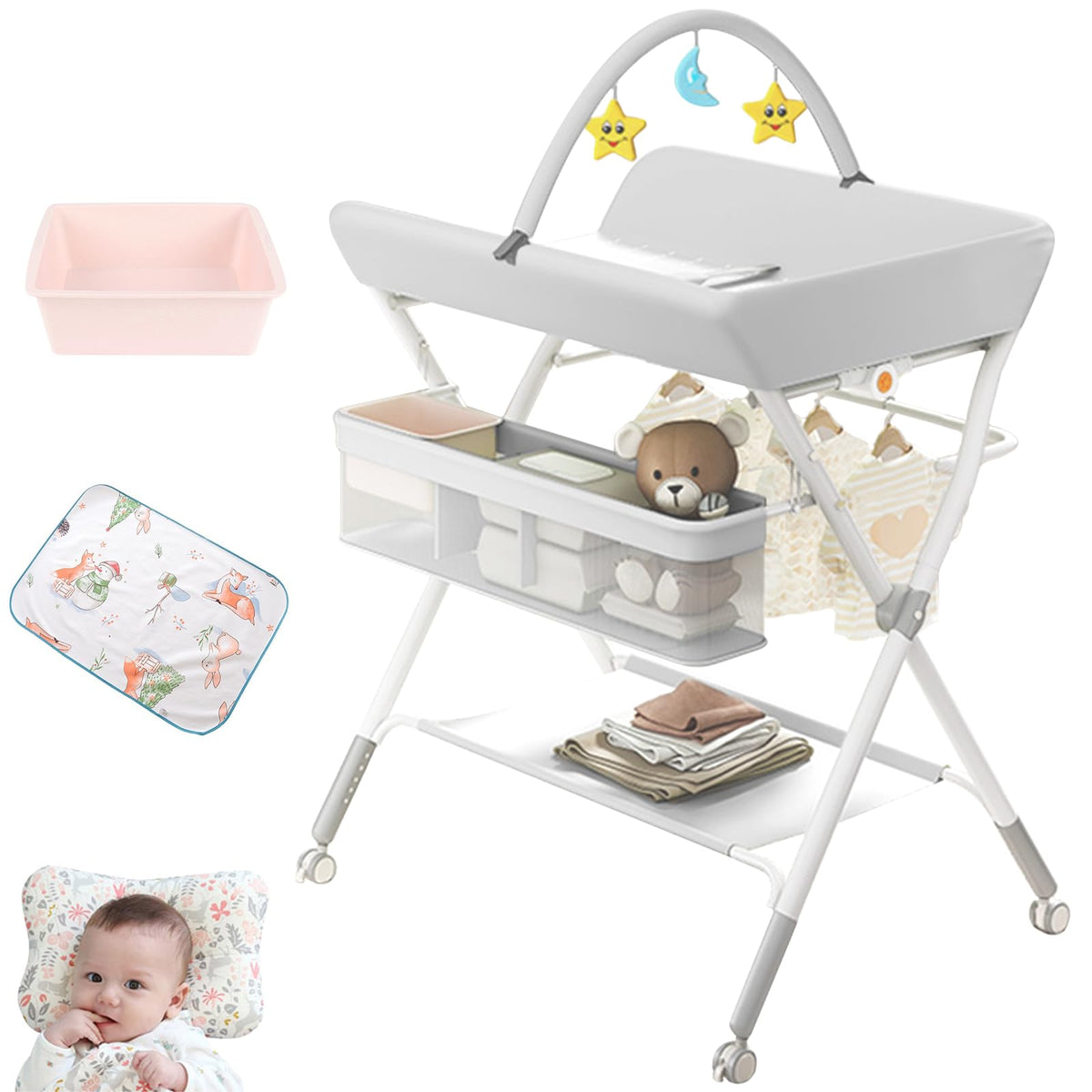HTERETTW Mueble Cambiador para Bebe Impermeable Portátil, Plegable Cambiador de Pañal para Bebe Con 5 niveles de ajuste de altura con Almacenamiento XXL, Portajuguetes Integrado, Ruedas Silenciosas.