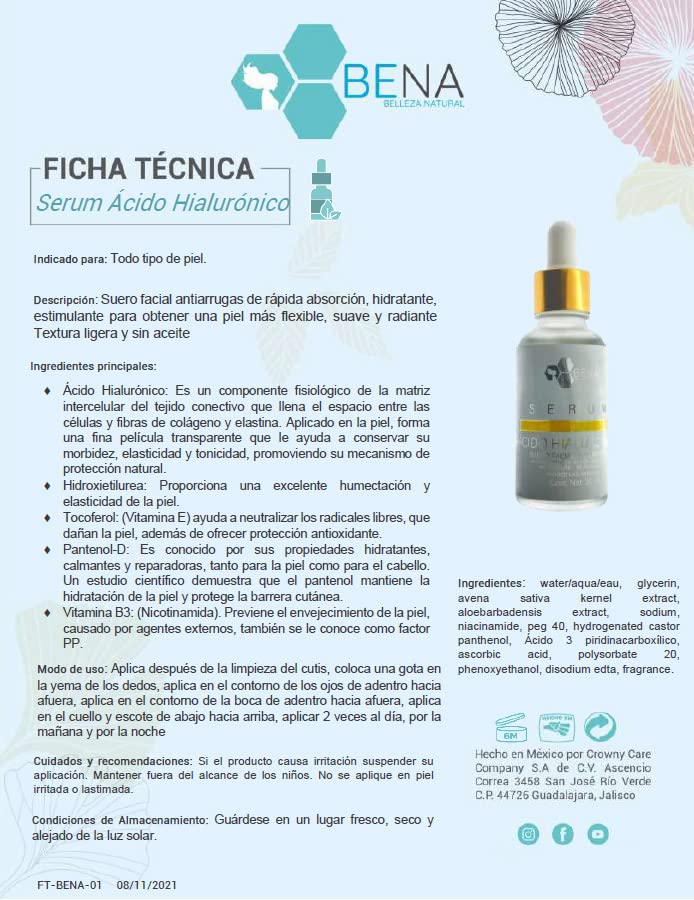 Kit Rostro Perfecto Bena Serum Tonico y Mascarilla de Acido Hialuronico mas Jabon Baba De Caracol