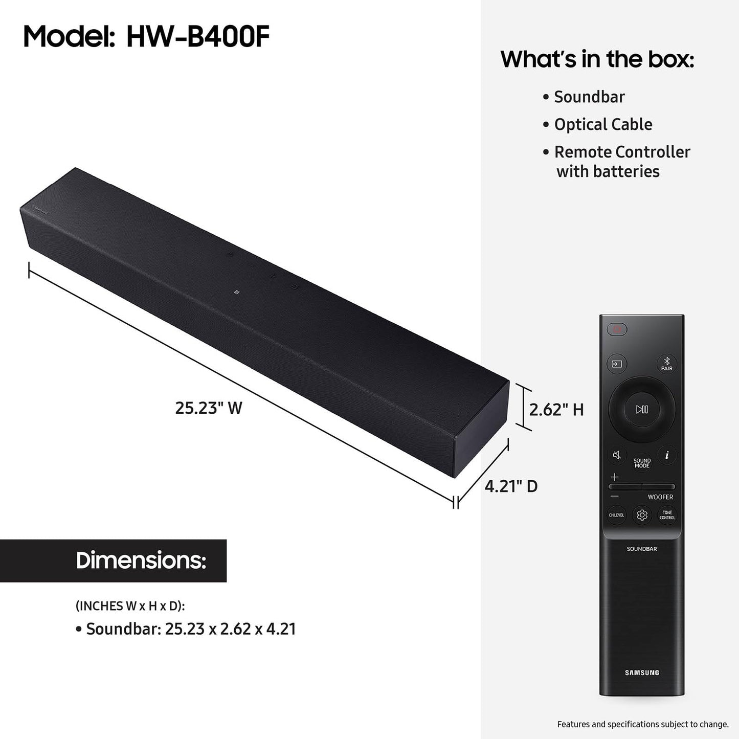 SAMSUNG Barra de Sonido Serie B HW B400F 2.0 ch con subwoofer Integrado (Modelo 2025) un Control Remoto, expansión de Sonido Envolvente, Modo de Mejora de Voz