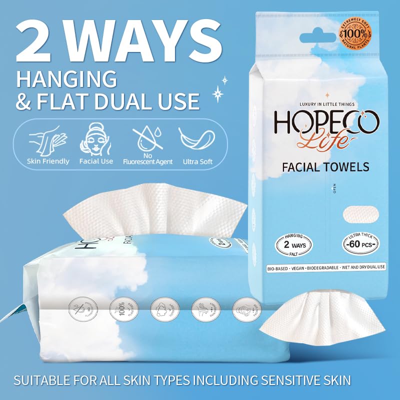 Hopeco Life Toalla facial desechable, paquete suave, 60 unidades, XL, doble uso (colgada y plana), toallitas secas, paños faciales sin pelusa, desmaquillante, toallitas limpiadoras suaves,