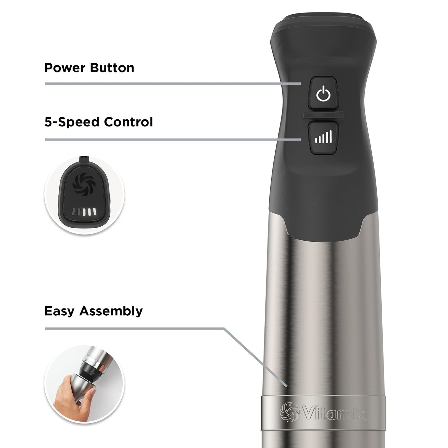 Vitamix Batidora de inmersión de 5 velocidades, motor de 625 vatios, operación con una sola mano, cable de 5 pies, acero inoxidable/negro