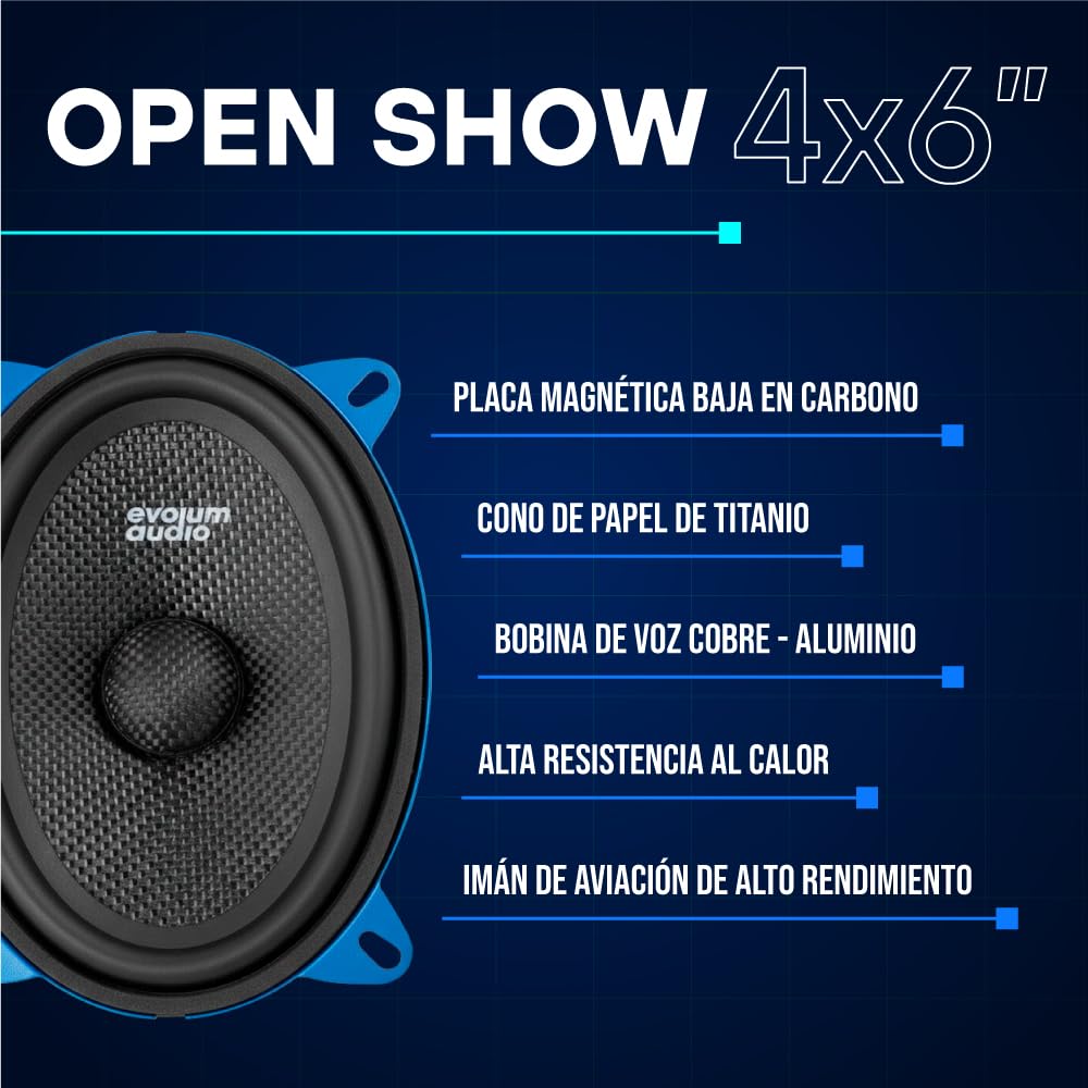 Evolum Audio - Kit Bocinas Medio Rango - Sonido Claro y Potente - Cono de Papel de Titanio - Potencia RMS de 100 W - Materiales de Calidad - Fácil Instalación - Modelo Open Show (4x6 in)