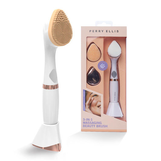 Cepillo para Polvo de Silicona 3 en 1 Perry Ellis con Aplicador de Maquillaje y Placa de Masaje Metálica Resistente al Agua IPX6