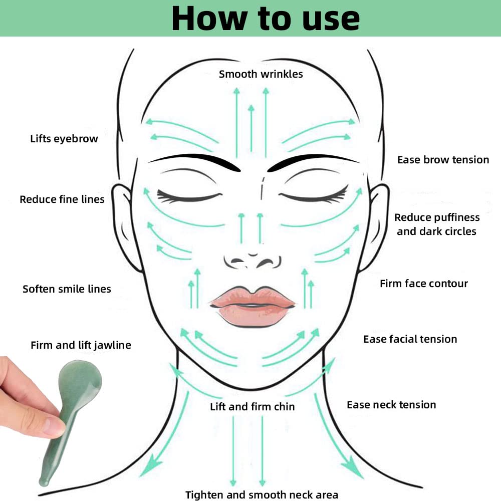 Jade Gua Sha herramientas de masaje, herramienta facial 100% natural verde gua sha anti envejecimiento de la piel facial SPA para rejuvenecer la piel, antiarrugas y antienvejecimiento, C