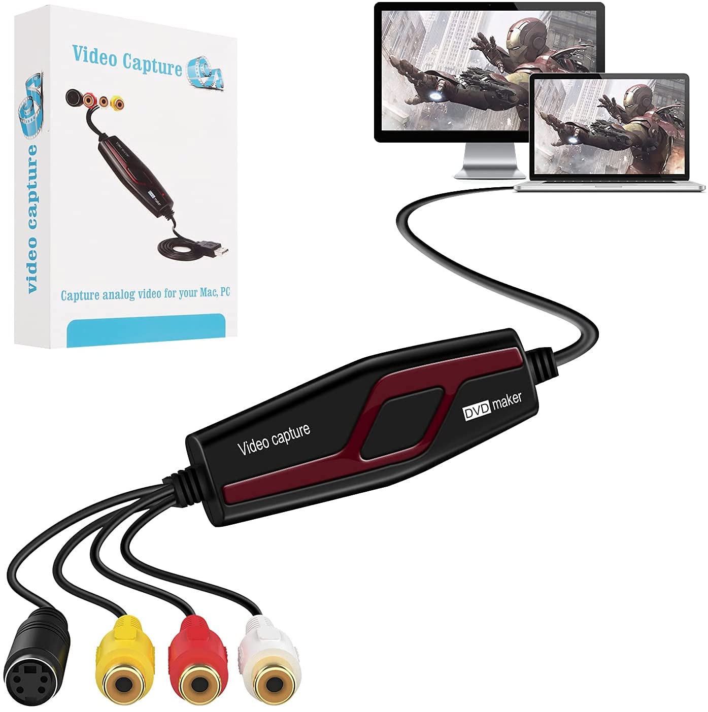 DIGITNOW Convertidores de Video USB 2.0, Convertidor de Captura de vídeo USB, VHS a DVD Digital Grabber Grabador, Capturadora Digitalizadora de vídeo para Mac OS X/Windows 7 8 10 PC