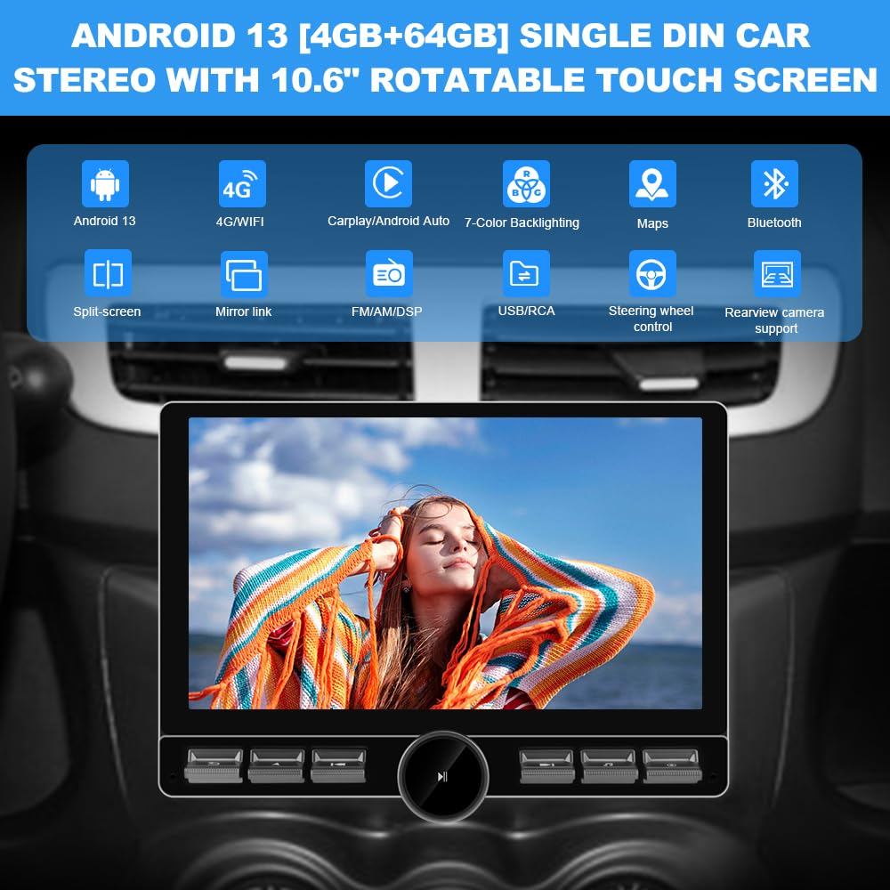 Radio de coche estéreo universal de 8 núcleos con visualización táctil giratoria 10.6, Android 13 [4 GB+64 GB]