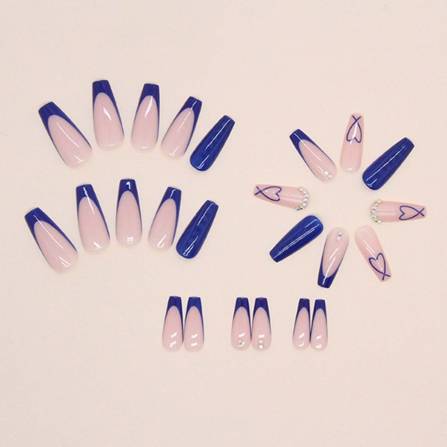 Gifiky Uñas Postizas de Ataúd Largo, Azul Francés, Prensa En Uñas Lindas, Consejos de Uñas Acrílicas Con Diseño de Gemas de Cristal Acrílico, Uñas Postizas para Mujeres y Niñas, 24 Piezas