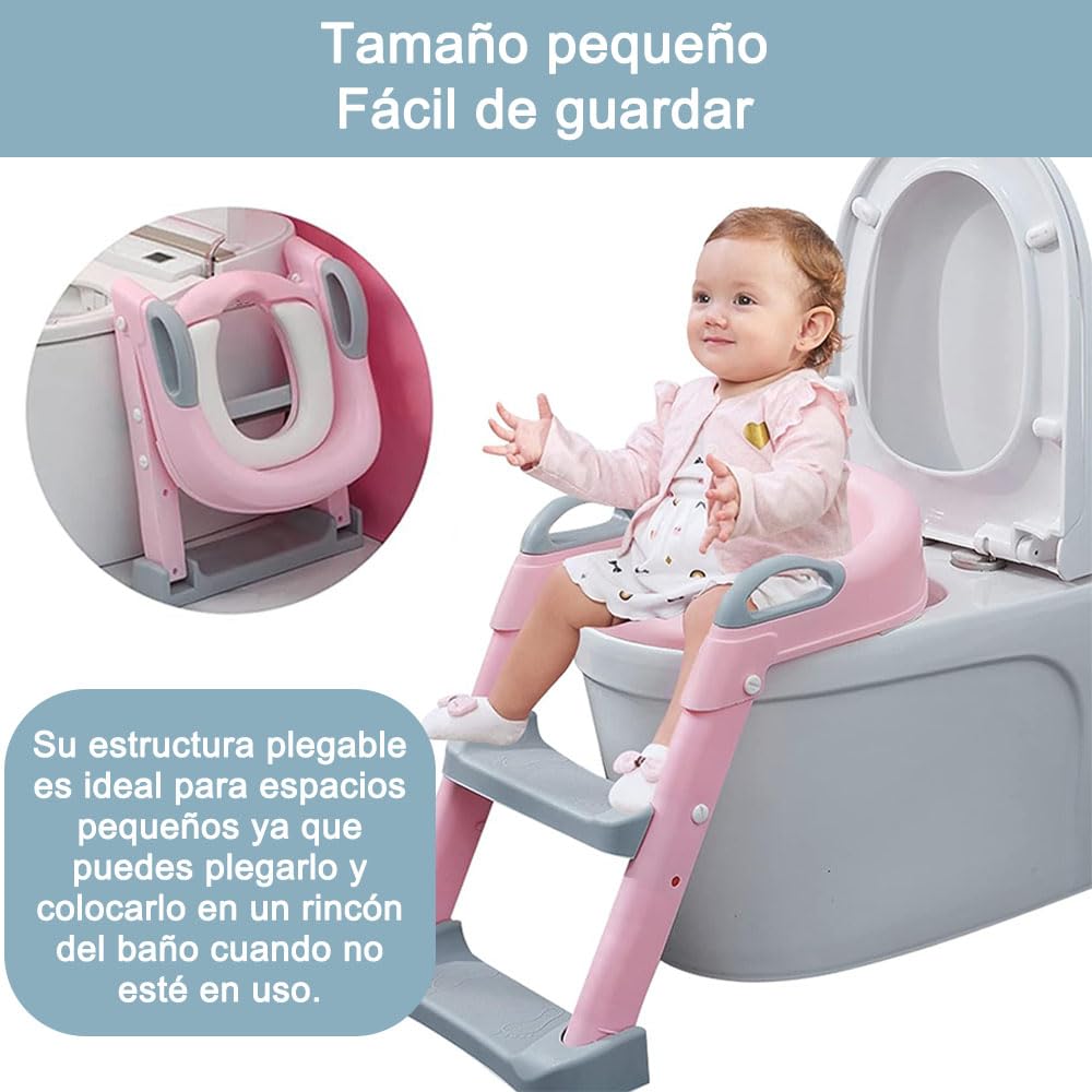 Jiula Asiento de Entrenamiento para Baño con Escalera Antideslizante - Asiento Entrenador para Baño Niño, Taburete Plegable Infantil para Taza, con Acolchonado, Asiento Ergonómico Rosa, A, Cojín Duro
