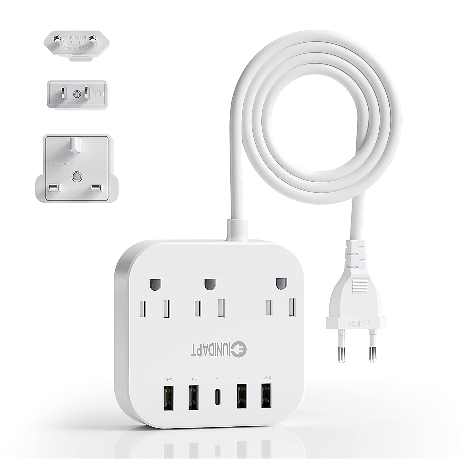 Adaptador de Enchufe Europeo Unidapt Blanco con USB C y 4 Puertos USB, Extensión de 5 Pies