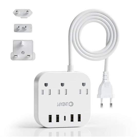Adaptador de Enchufe Europeo Unidapt Blanco con USB C y 4 Puertos USB, Extensión de 5 Pies