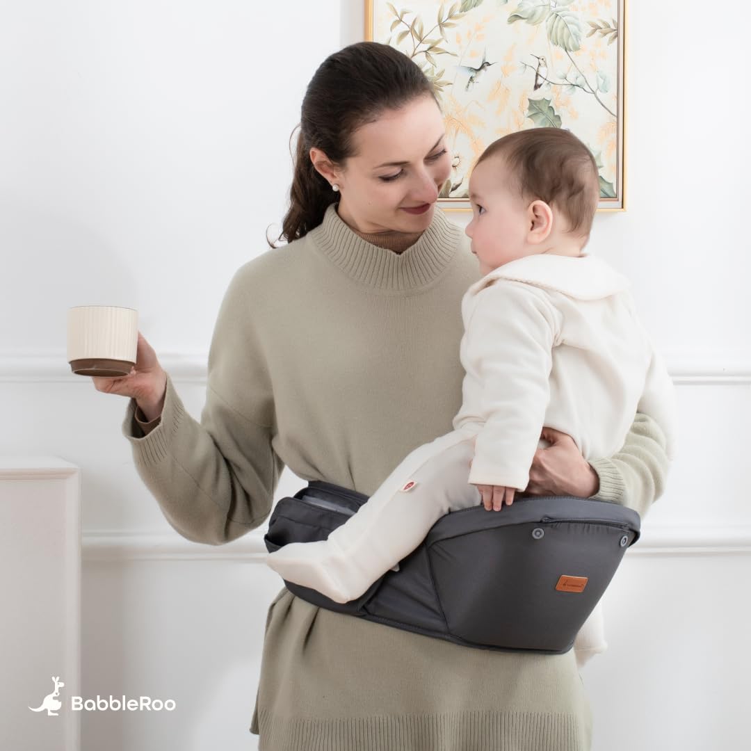 BabbleRoo - Portabebés 6 en 1 con asiento de cadera, ergonómico, acogedor y ajustable, 7-50 libras con soporte para cadera y lumbar, capucha para protección solar, portabebés recién nacido a niño