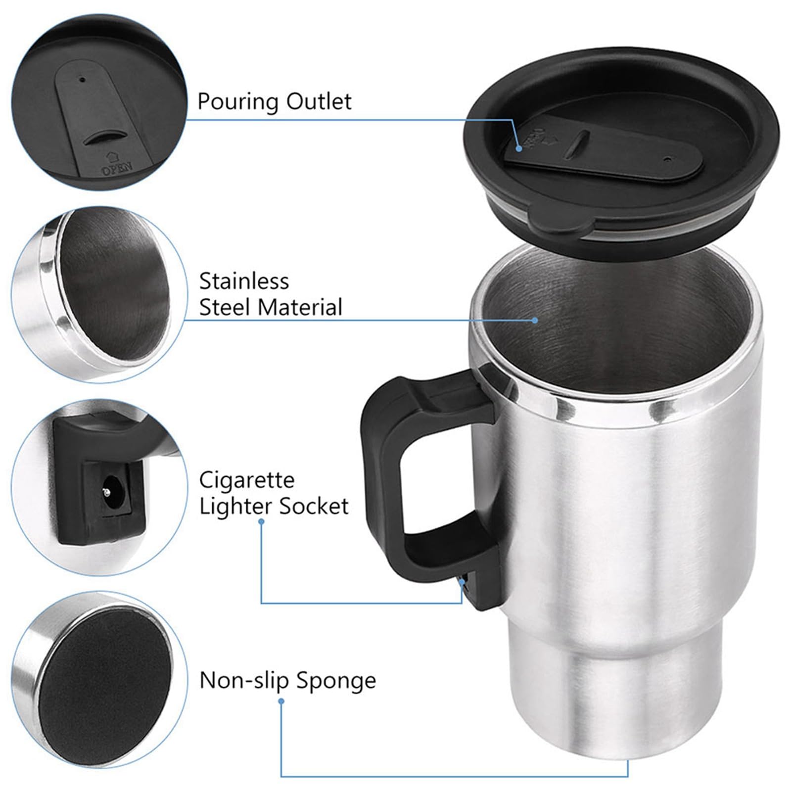 Calentador de Taza para Coche, 450ml Acero Inoxidable Con Cable Encendedor 12V, Taza Aislante Térmica Con Termostato para Casa y Viajes al Aire Libre