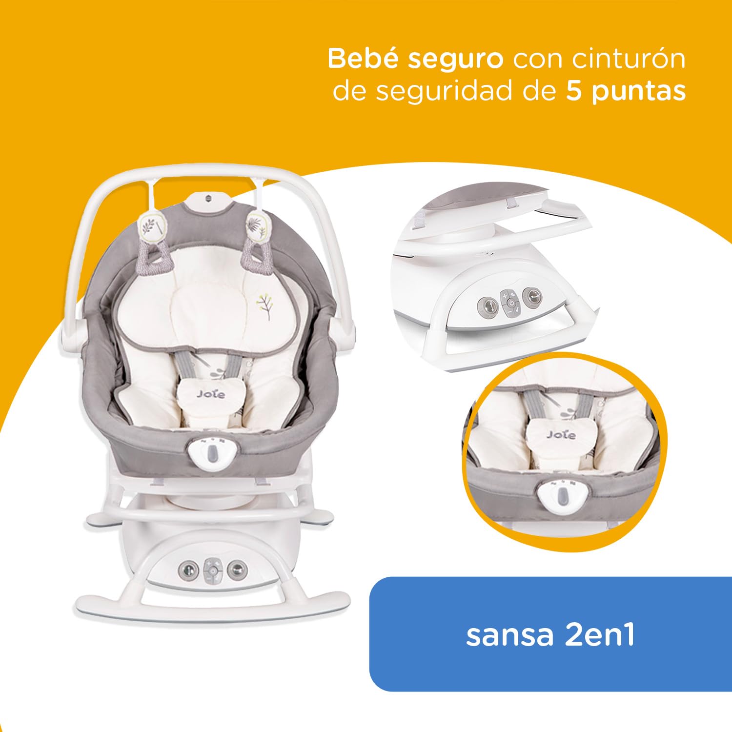 Joie Columpio Portatil para Bebe Sansa, Cuna Mecedora con Giro de 90°, Silla Mecedora Reclinable con 3 Posiciones y Vibracion Calmante, Bouncer Electrico para Bebe