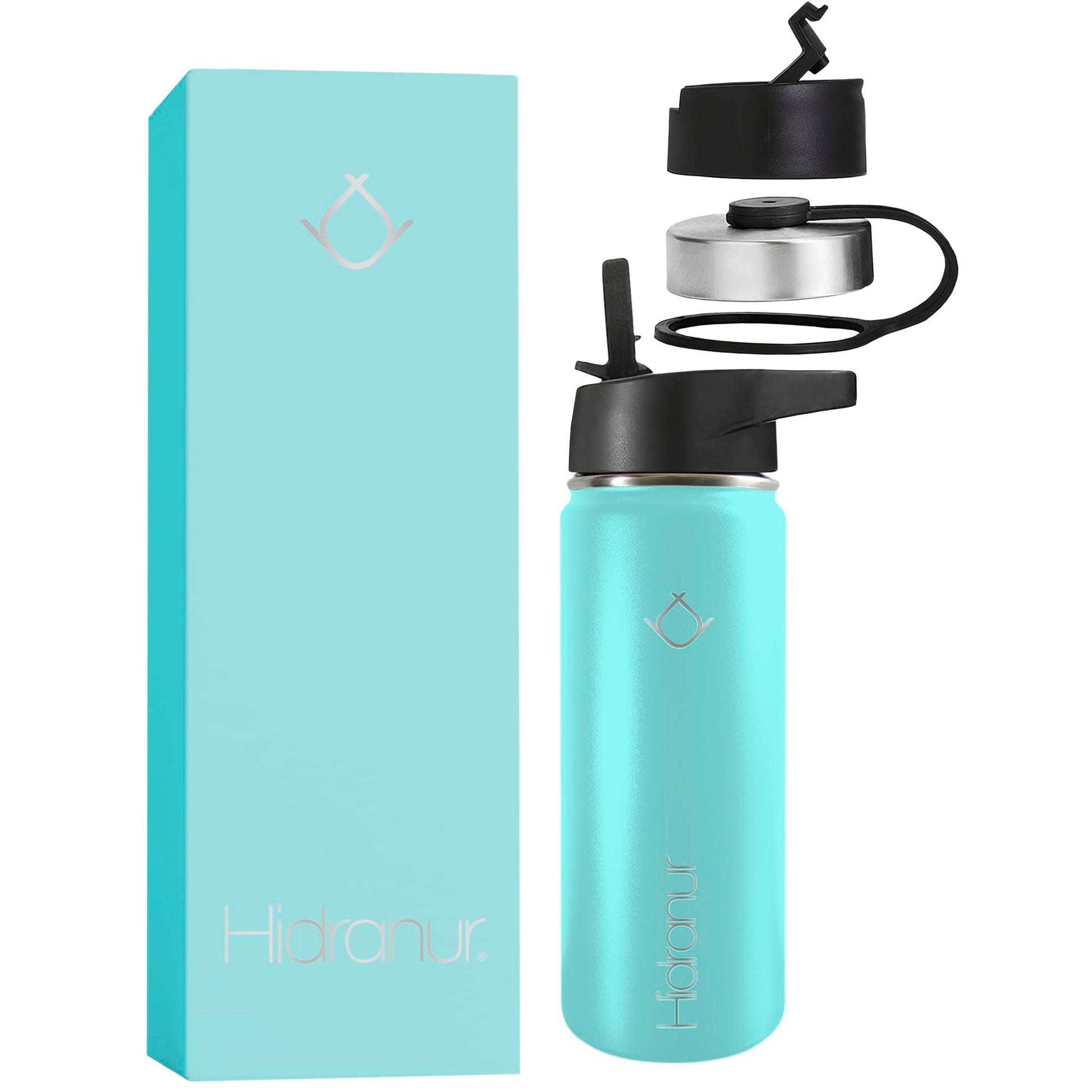 Hidranur Termo de Acero Inoxidable Doble Aislamiento Térmico, Termo Para Café 18 oz (532.32 ml), 3 Tapas Herméticas, 2 Popotes, 24 Hrs de Agua Caliente y Fría (Turquesa, 18 Oz (532.32 ml))